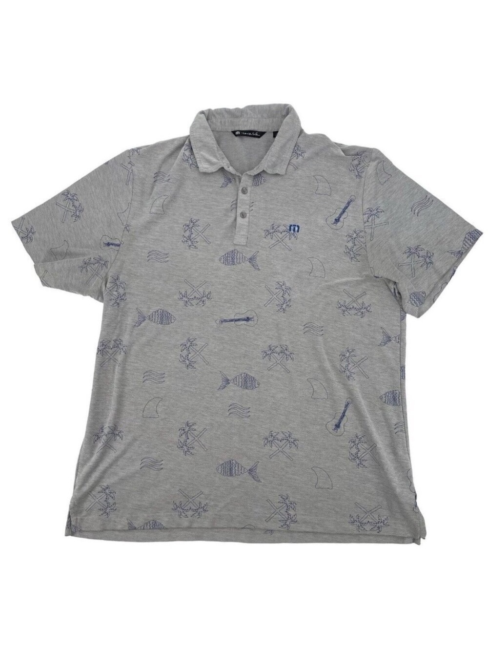 TravisMathew Size XXL Palm Beach Guitar Fish Golf Polo Gray Shirt Pima Cotton
